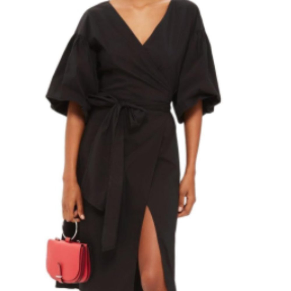 Topshop black balloon sleeve wrap dress